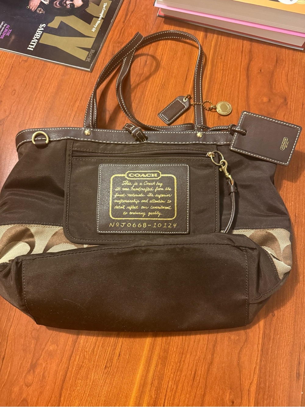 Coach Dark Brown Signature Canvas Tote with Leather Trim